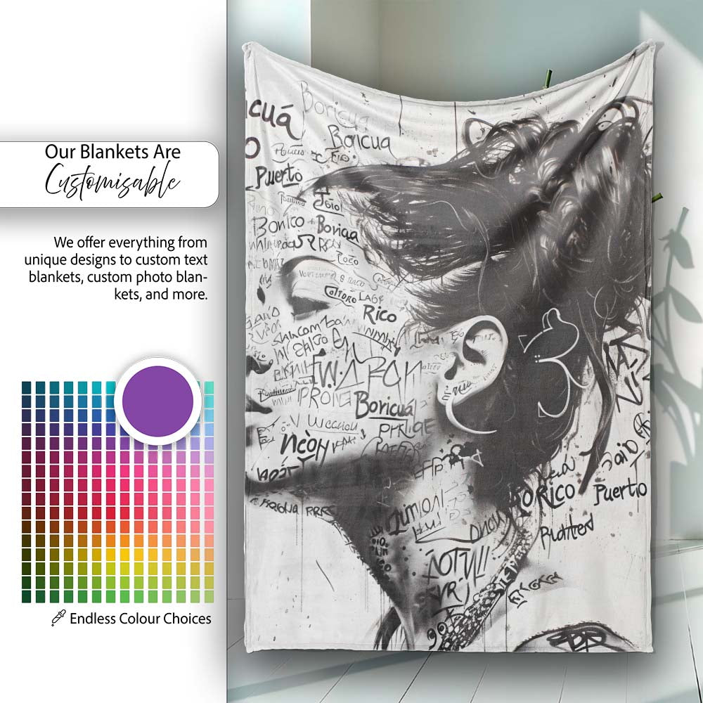 Black and White Woman Portrait Typography Graffiti, All Season Comfort, Stylish Room Decoration - Super Soft Fleece Blanket Bed Sofa Throw