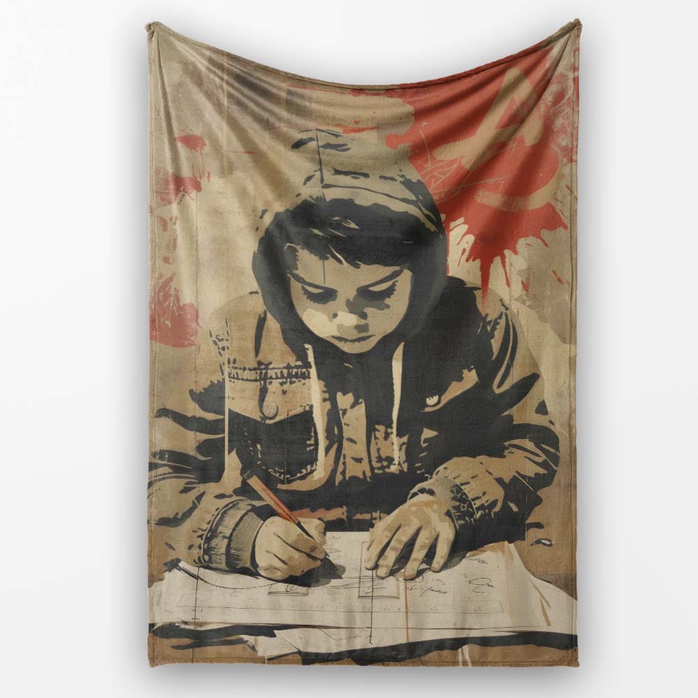 Hooded Student Writing Vintage Urban Street Art, Bedroom Living Room Accent, All Season Comfort - Super Soft Fleece Blanket Bed Sofa Throw