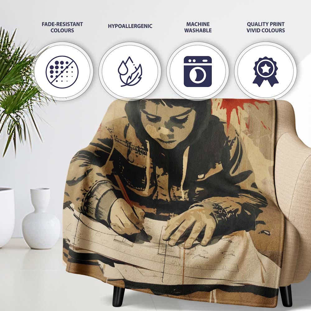Hooded Student Writing Vintage Urban Street Art, Bedroom Living Room Accent, All Season Comfort - Super Soft Fleece Blanket Bed Sofa Throw