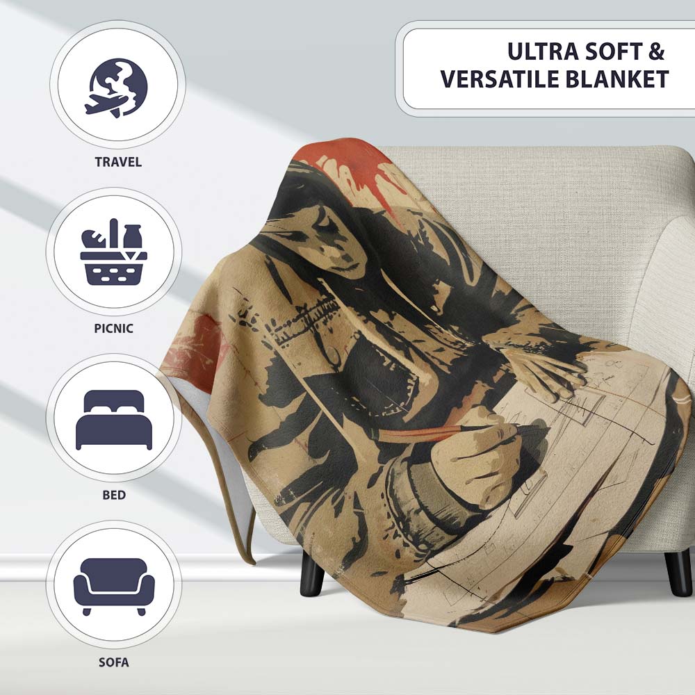 Hooded Student Writing Vintage Urban Street Art, Bedroom Living Room Accent, All Season Comfort - Super Soft Fleece Blanket Bed Sofa Throw