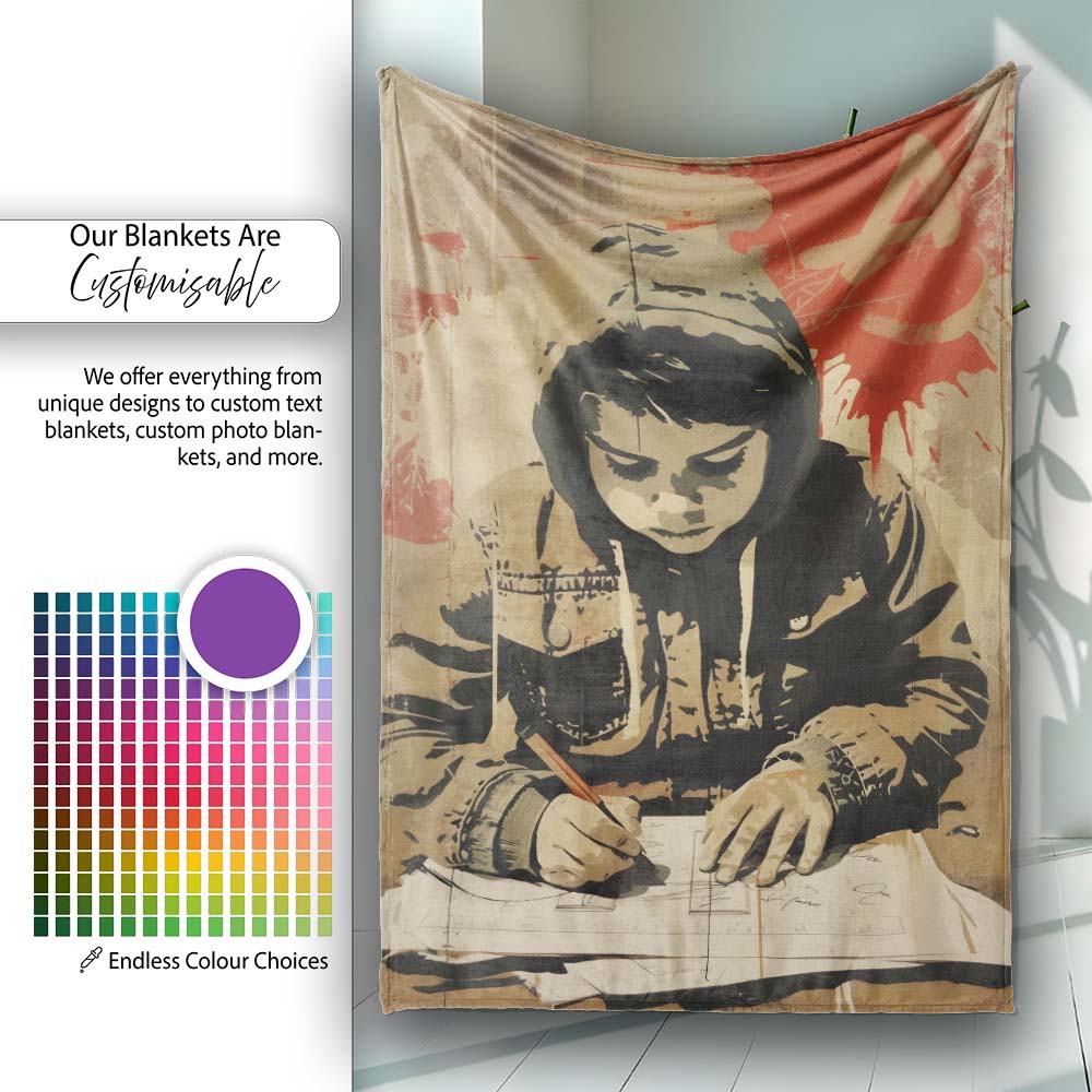 Hooded Student Writing Vintage Urban Street Art, Bedroom Living Room Accent, All Season Comfort - Super Soft Fleece Blanket Bed Sofa Throw
