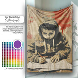 Hooded Student Writing Vintage Urban Street Art, Bedroom Living Room Accent, All Season Comfort - Super Soft Fleece Blanket Bed Sofa Throw