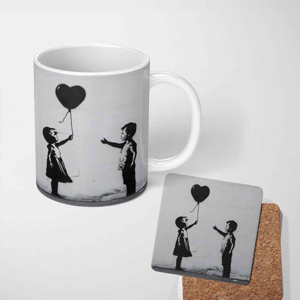 Children Sharing Black Heart Balloon Minimal Graffiti 11oz Ceramic Coffee Tea Mug White Large Handle