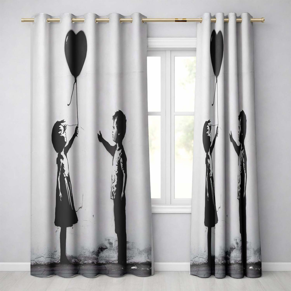 Children Sharing Black Heart Balloon Minimal Graffiti Elegant Artistic Home Decor Readymade Eyelet Ring Top Thermal 100% Blackout Curtains