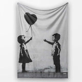 Children Sharing Black Heart Balloon Minimal Graffiti, Decorative Comfortable Housewarming Gift - Super Soft Fleece Blanket Bed Sofa Throw