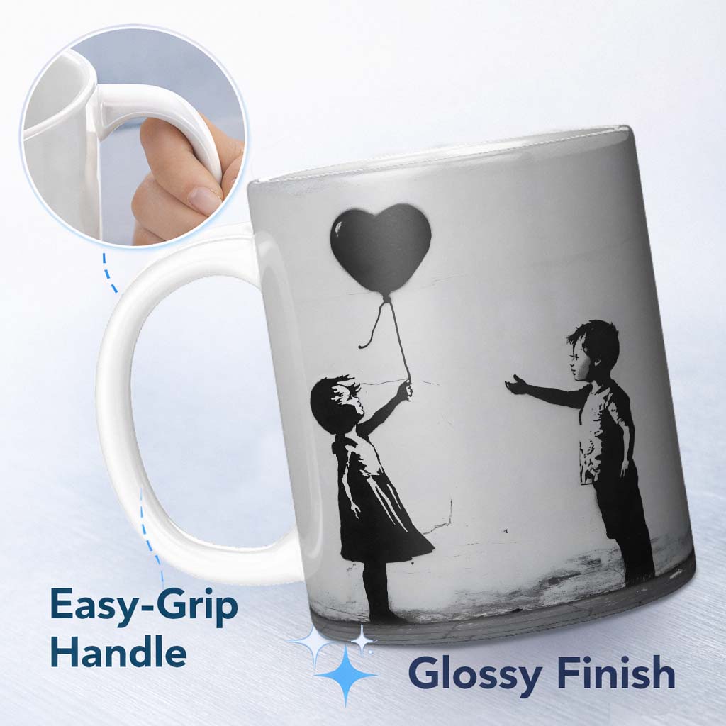 Children Sharing Black Heart Balloon Minimal Graffiti 11oz Ceramic Coffee Tea Mug White Large Handle