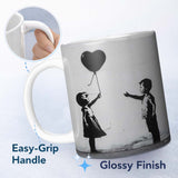 Children Sharing Black Heart Balloon Minimal Graffiti 11oz Ceramic Coffee Tea Mug White Large Handle