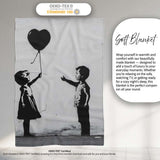 Children Sharing Black Heart Balloon Minimal Graffiti, Decorative Comfortable Housewarming Gift - Super Soft Fleece Blanket Bed Sofa Throw