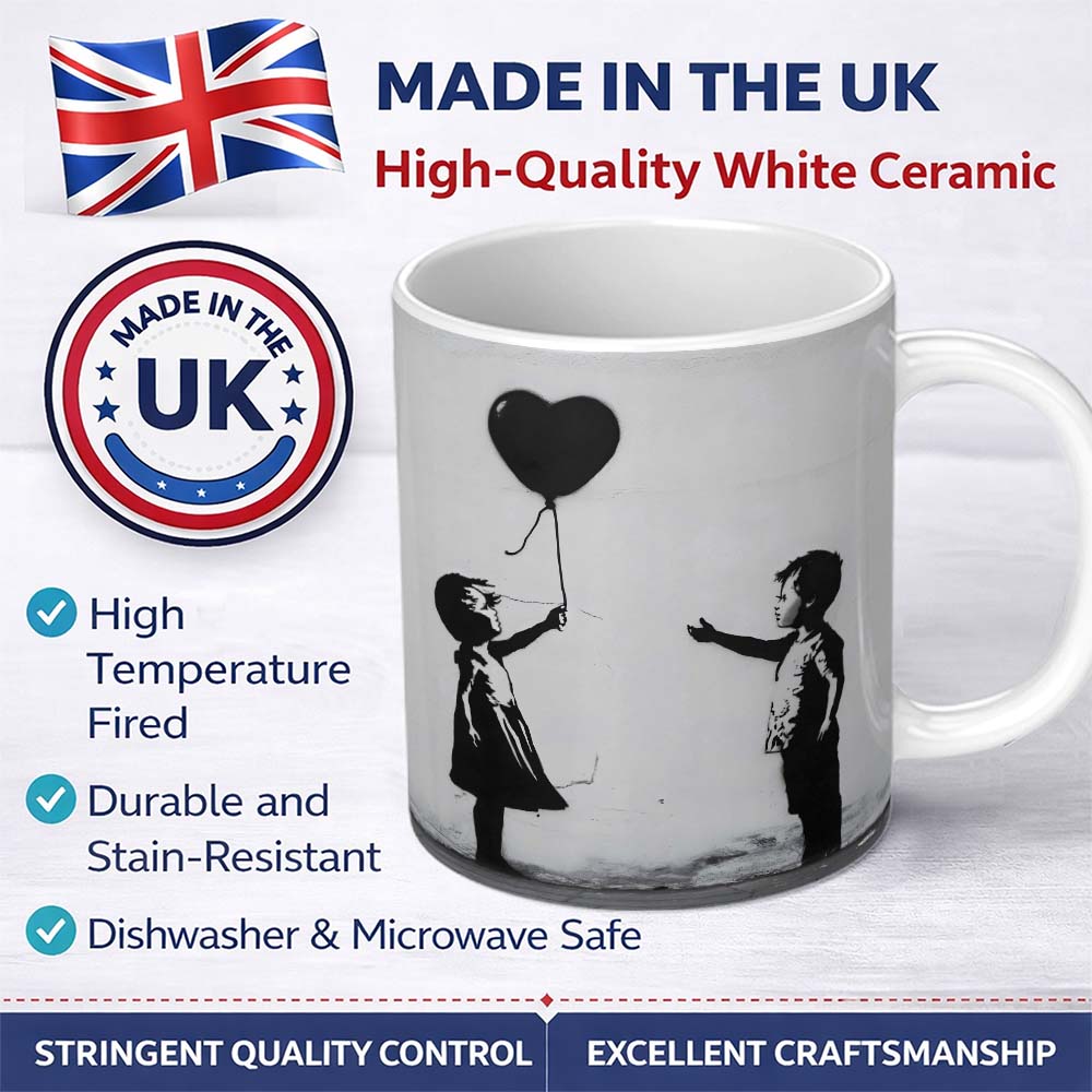 Children Sharing Black Heart Balloon Minimal Graffiti 11oz Ceramic Coffee Tea Mug White Large Handle
