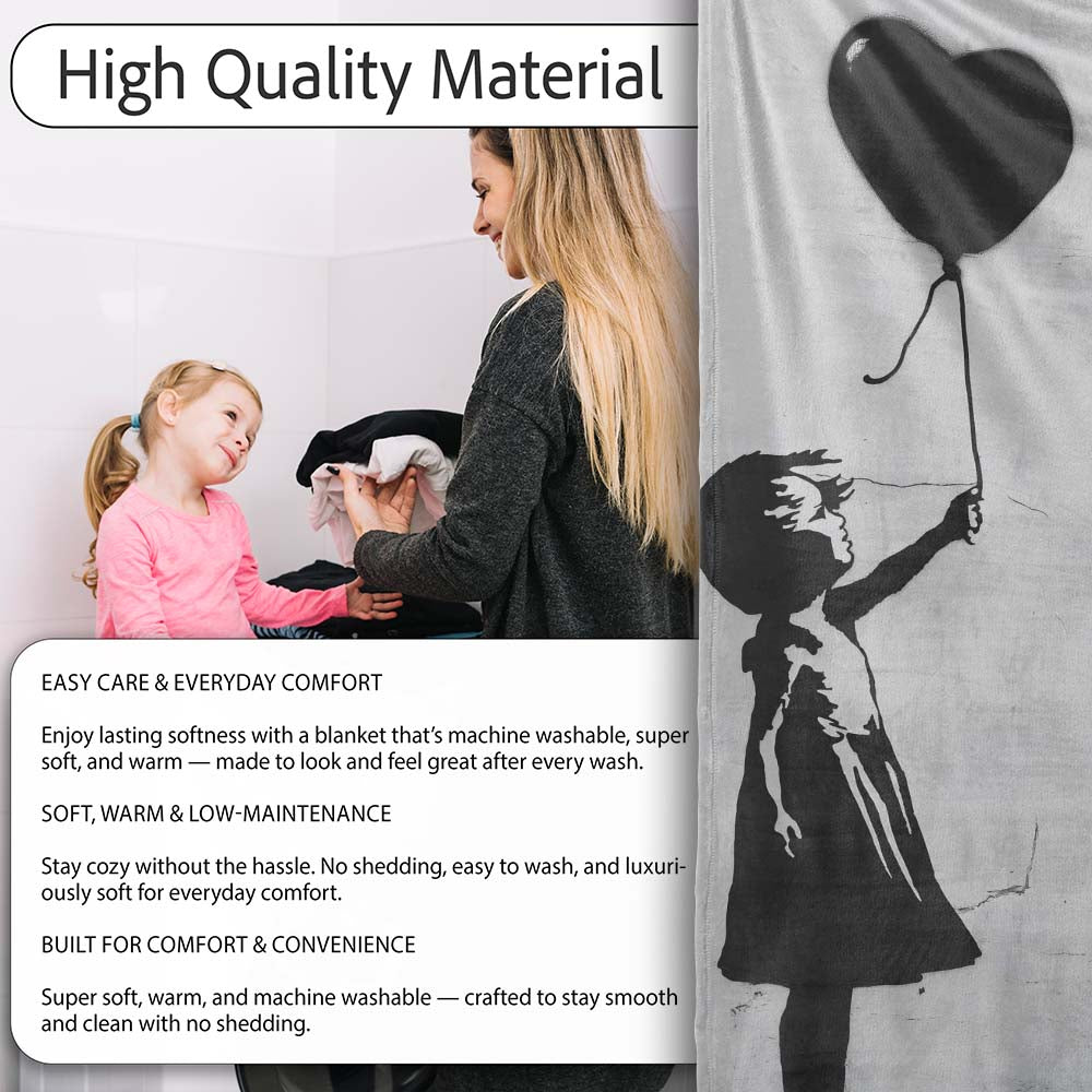 Children Sharing Black Heart Balloon Minimal Graffiti, Decorative Comfortable Housewarming Gift - Super Soft Fleece Blanket Bed Sofa Throw
