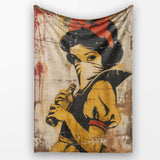 Masked Vintage Woman Holding Bottle Pop Art, Bedroom Living Room Accent, Unique Artistic Design - Super Soft Fleece Blanket Bed Sofa Throw