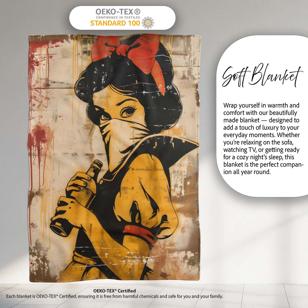 Masked Vintage Woman Holding Bottle Pop Art, Bedroom Living Room Accent, Unique Artistic Design - Super Soft Fleece Blanket Bed Sofa Throw
