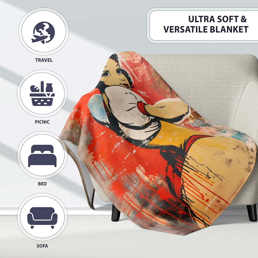 Retro Storybook Woman with Red Bow Urban Pop Art, All Season Comfort, Gift for Adults and Teens - Super Soft Fleece Blanket Bed Sofa Throw