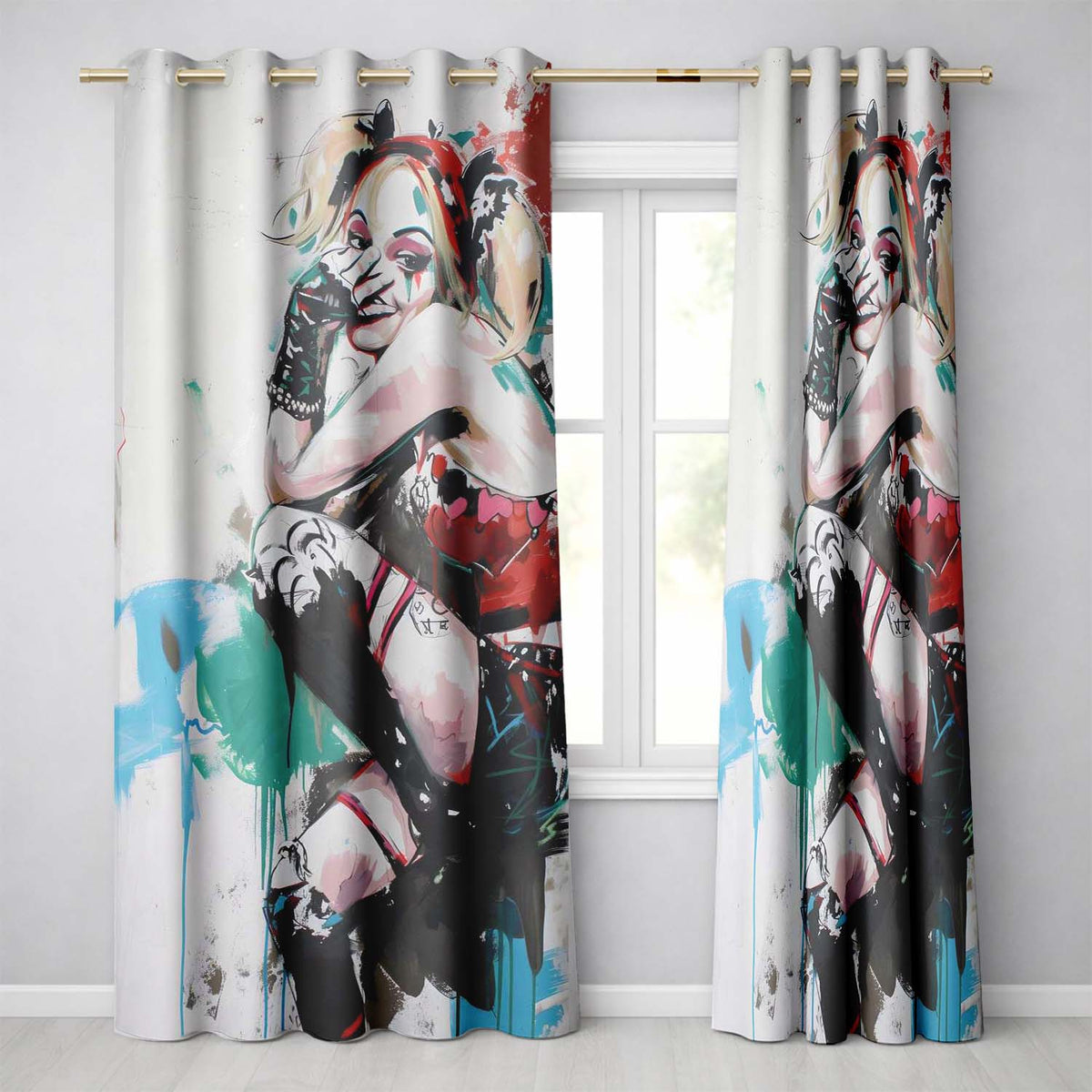 Blonde Jester Woman Colourful Contemporary Graffiti Stylish Design for Home Decor Readymade Eyelet Ring Top Thermal 100% Blackout Curtains