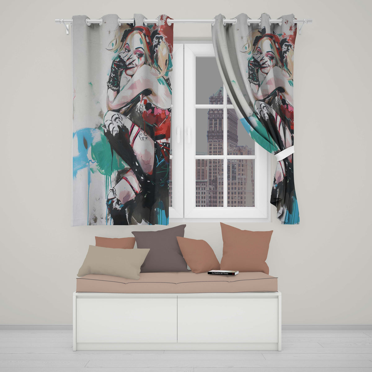Blonde Jester Woman Colourful Contemporary Graffiti Stylish Design for Home Decor Readymade Eyelet Ring Top Thermal 100% Blackout Curtains