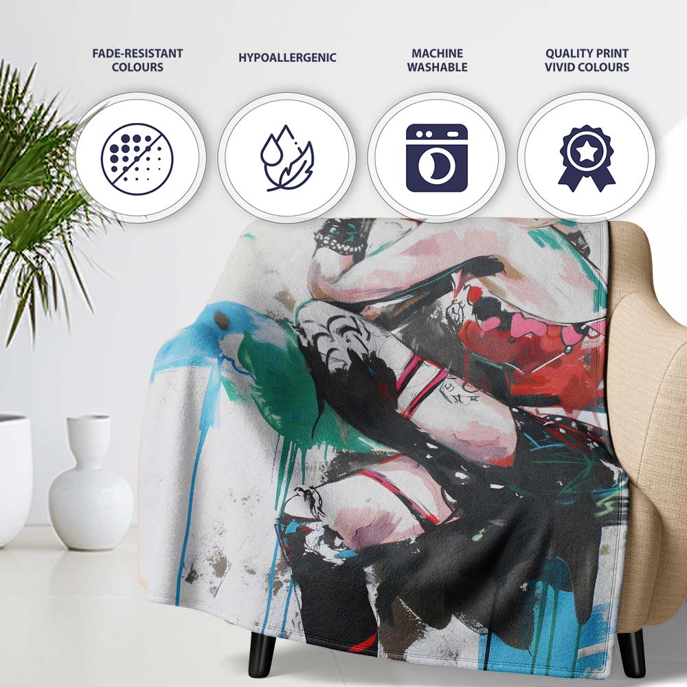 Blonde Jester Woman Colourful Contemporary Graffiti, All Season Comfort, Modern Interior Accent - Super Soft Fleece Blanket Bed Sofa Throw