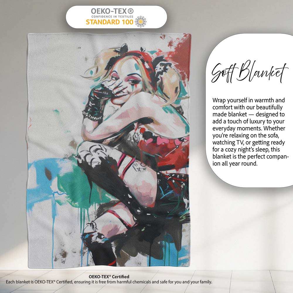Blonde Jester Woman Colourful Contemporary Graffiti, All Season Comfort, Modern Interior Accent - Super Soft Fleece Blanket Bed Sofa Throw