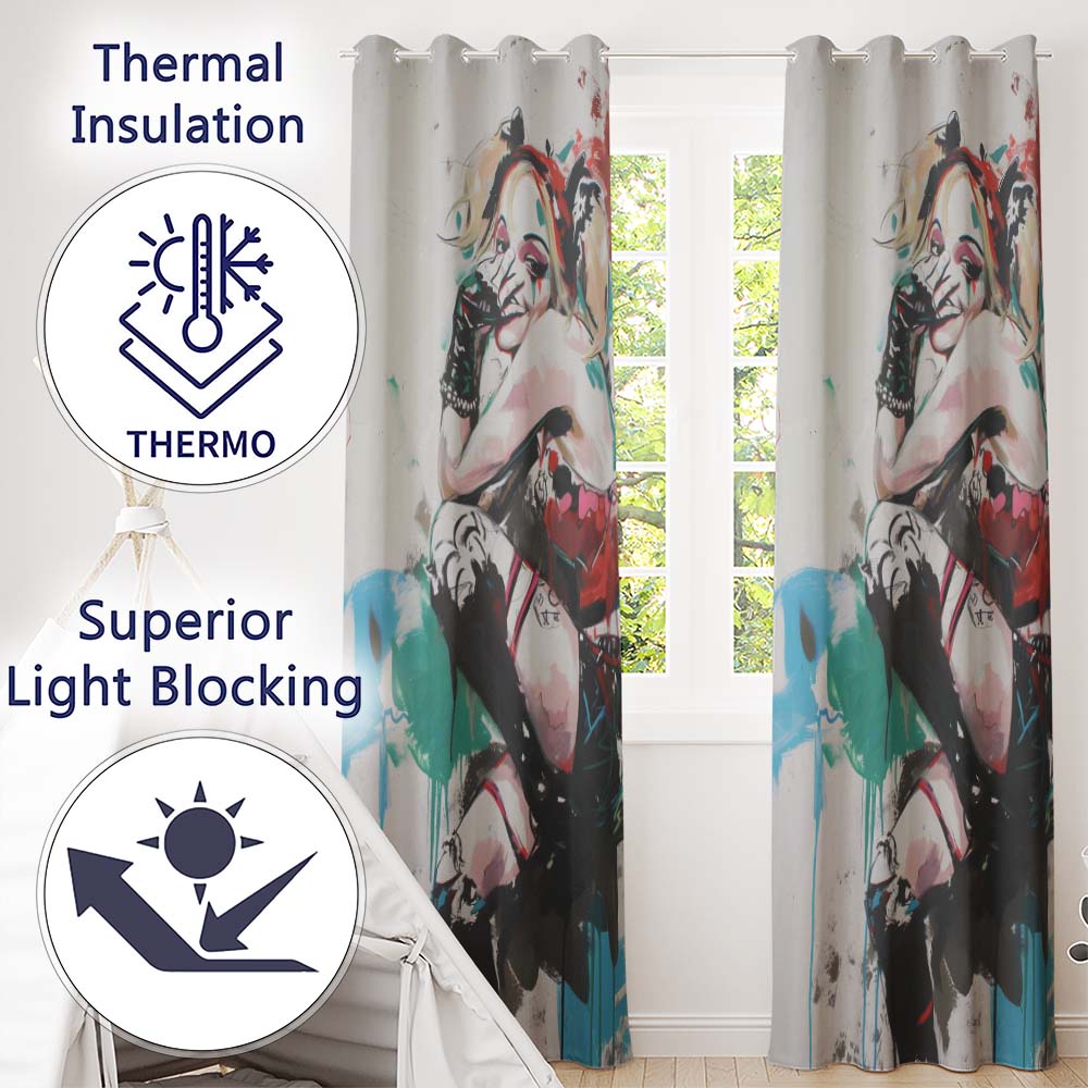 Blonde Jester Woman Colourful Contemporary Graffiti Stylish Design for Home Decor Readymade Eyelet Ring Top Thermal 100% Blackout Curtains