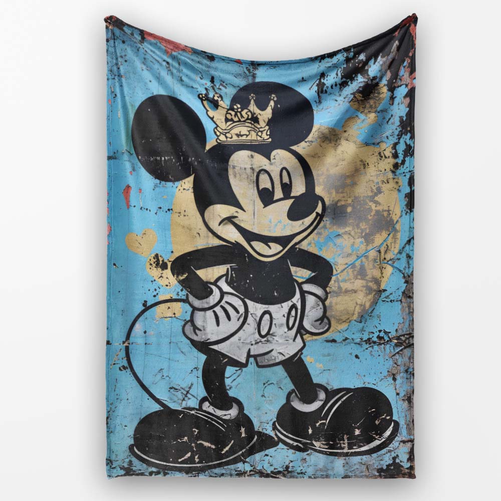 Crowned Cartoon Mouse Blue Gold Urban Pop Art, All Season Comfort, Thoughtful Housewarming Gift - Super Soft Fleece Blanket Bed Sofa Throw
