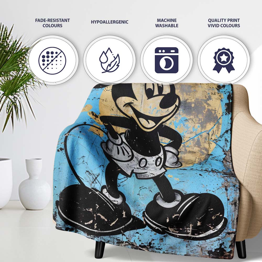 Crowned Cartoon Mouse Blue Gold Urban Pop Art, All Season Comfort, Thoughtful Housewarming Gift - Super Soft Fleece Blanket Bed Sofa Throw