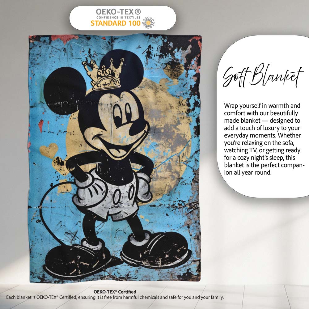 Crowned Cartoon Mouse Blue Gold Urban Pop Art, All Season Comfort, Thoughtful Housewarming Gift - Super Soft Fleece Blanket Bed Sofa Throw