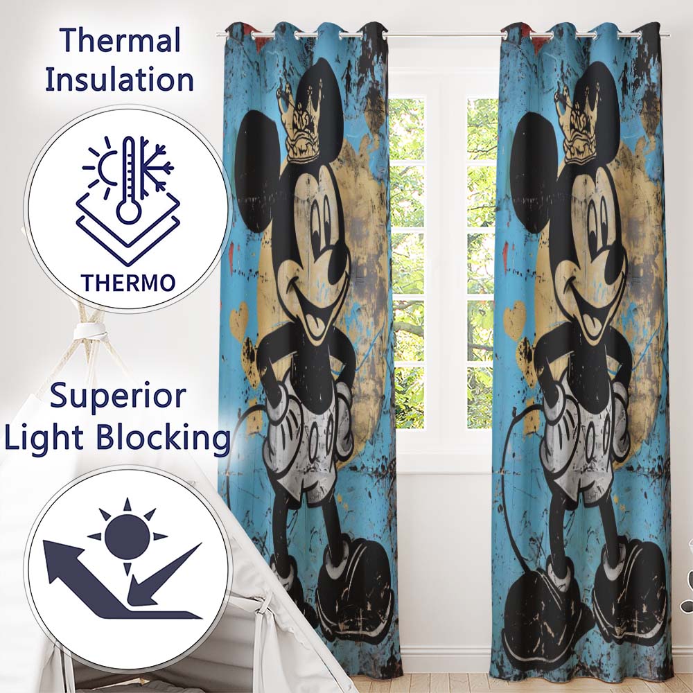 Crowned Cartoon Mouse Blue Gold Urban Pop Art Vibrant Bold Artwork for Home Decor Readymade Eyelet Ring Top Thermal 100% Blackout Curtains