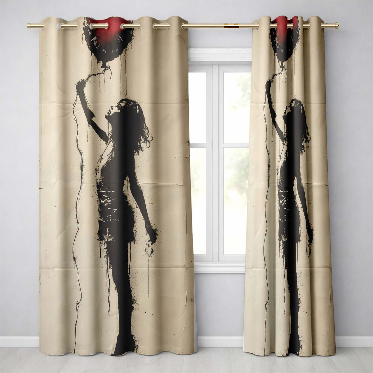 Woman Holding Red Heart Balloon Minimal Street Art Striking Design for Home Decor Readymade Eyelet Ring Top Thermal 100% Blackout Curtains
