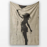 Woman Holding Red Heart Balloon Minimal Street Art, All Season Comfort, Stylish Room Decoration - Super Soft Fleece Blanket Bed Sofa Throw