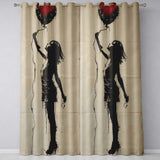 Woman Holding Red Heart Balloon Minimal Street Art Striking Design for Home Decor Readymade Eyelet Ring Top Thermal 100% Blackout Curtains