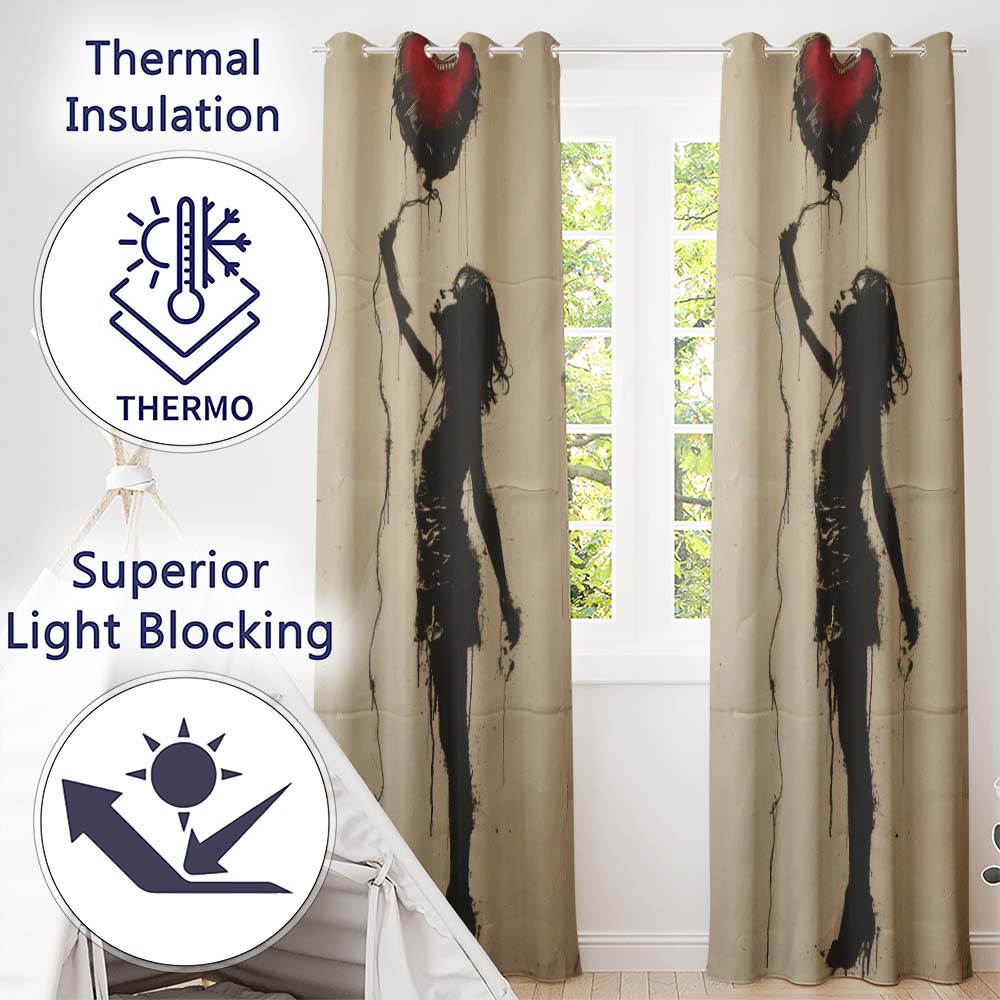 Woman Holding Red Heart Balloon Minimal Street Art Striking Design for Home Decor Readymade Eyelet Ring Top Thermal 100% Blackout Curtains