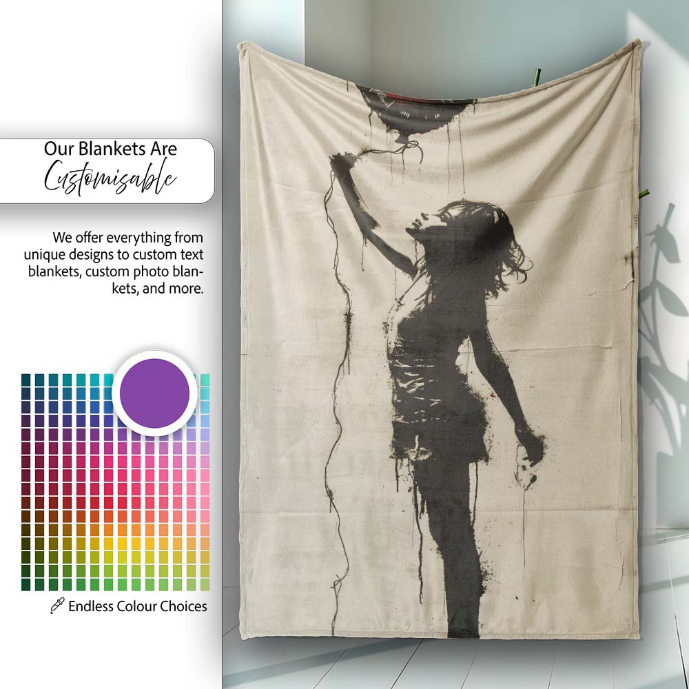 Woman Holding Red Heart Balloon Minimal Street Art, All Season Comfort, Stylish Room Decoration - Super Soft Fleece Blanket Bed Sofa Throw