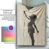 Woman Holding Red Heart Balloon Minimal Street Art, All Season Comfort, Stylish Room Decoration - Super Soft Fleece Blanket Bed Sofa Throw