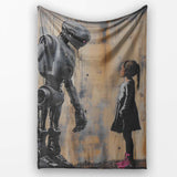 Robot and Girl Futuristic Urban Graffiti, Bedroom Living Room Accent, Decorative Wall Art Style - Super Soft Fleece Blanket Bed Sofa Throw