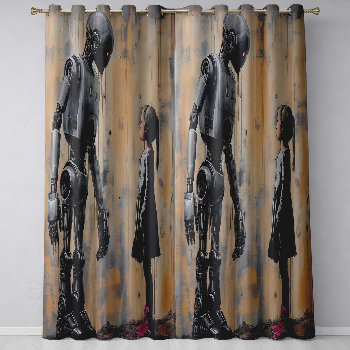 Robot and Girl Futuristic Urban Graffiti Modern Decorative Artwork for Home Decor Readymade Eyelet Ring Top Thermal 100% Blackout Curtains
