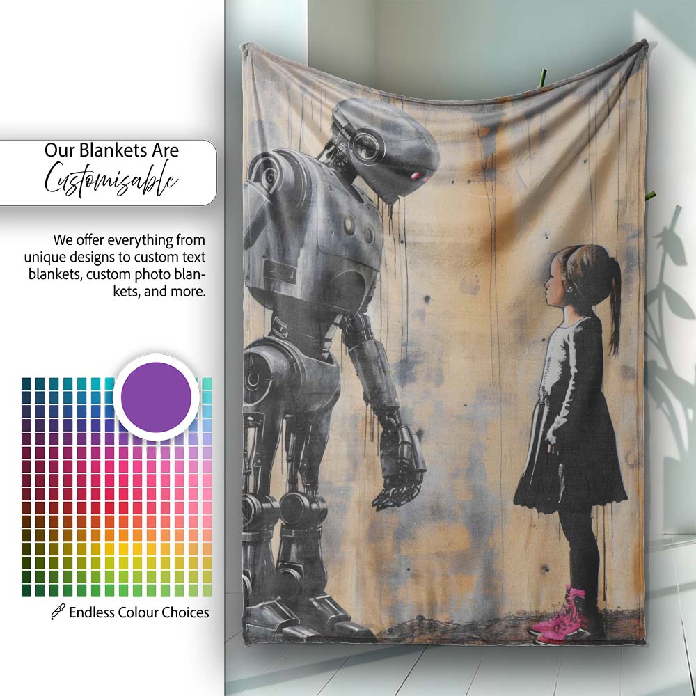Robot and Girl Futuristic Urban Graffiti, Bedroom Living Room Accent, Decorative Wall Art Style - Super Soft Fleece Blanket Bed Sofa Throw