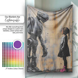 Robot and Girl Futuristic Urban Graffiti, Bedroom Living Room Accent, Decorative Wall Art Style - Super Soft Fleece Blanket Bed Sofa Throw