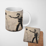 Police Officer Aiming at Black Flower Stencil 11oz Ceramic Coffee Tea Mug White Large Handle