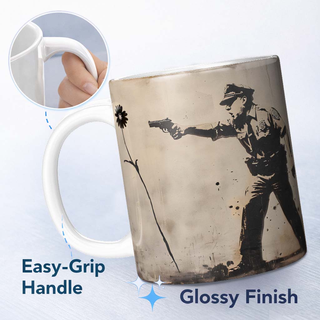 Police Officer Aiming at Black Flower Stencil 11oz Ceramic Coffee Tea Mug White Large Handle