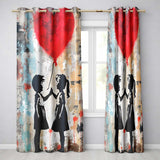 Children High Five Beneath Red Heart Balloon Artistic Bold Artwork for Home Decor Readymade Eyelet Ring Top Thermal 100% Blackout Curtains