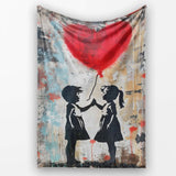 Children High Five Beneath Red Heart Balloon, Comfortable Everyday Use, Stylish Room Decoration - Super Soft Fleece Blanket Bed Sofa Throw