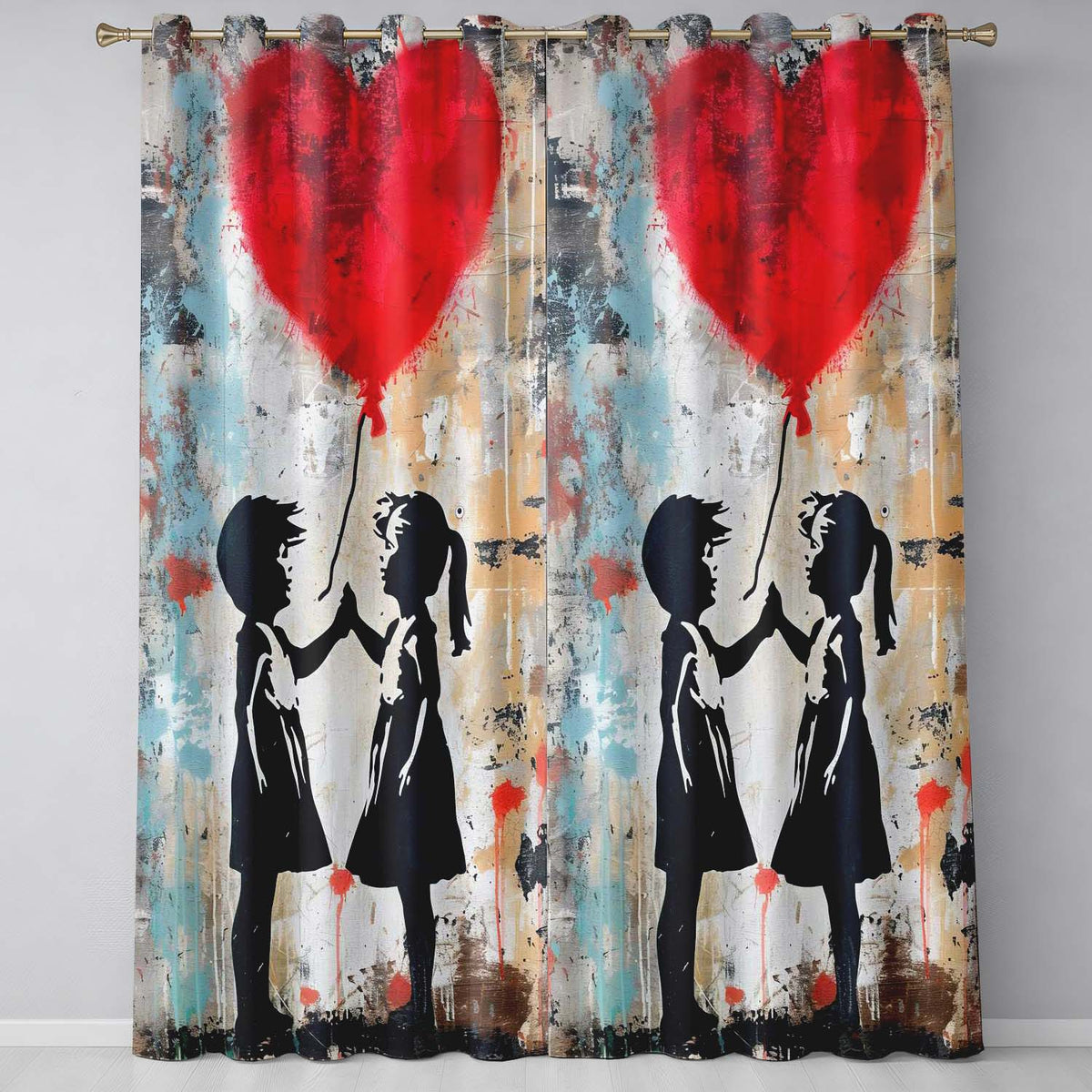 Children High Five Beneath Red Heart Balloon Artistic Bold Artwork for Home Decor Readymade Eyelet Ring Top Thermal 100% Blackout Curtains