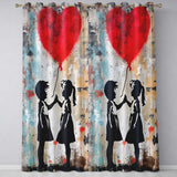 Children High Five Beneath Red Heart Balloon Artistic Bold Artwork for Home Decor Readymade Eyelet Ring Top Thermal 100% Blackout Curtains