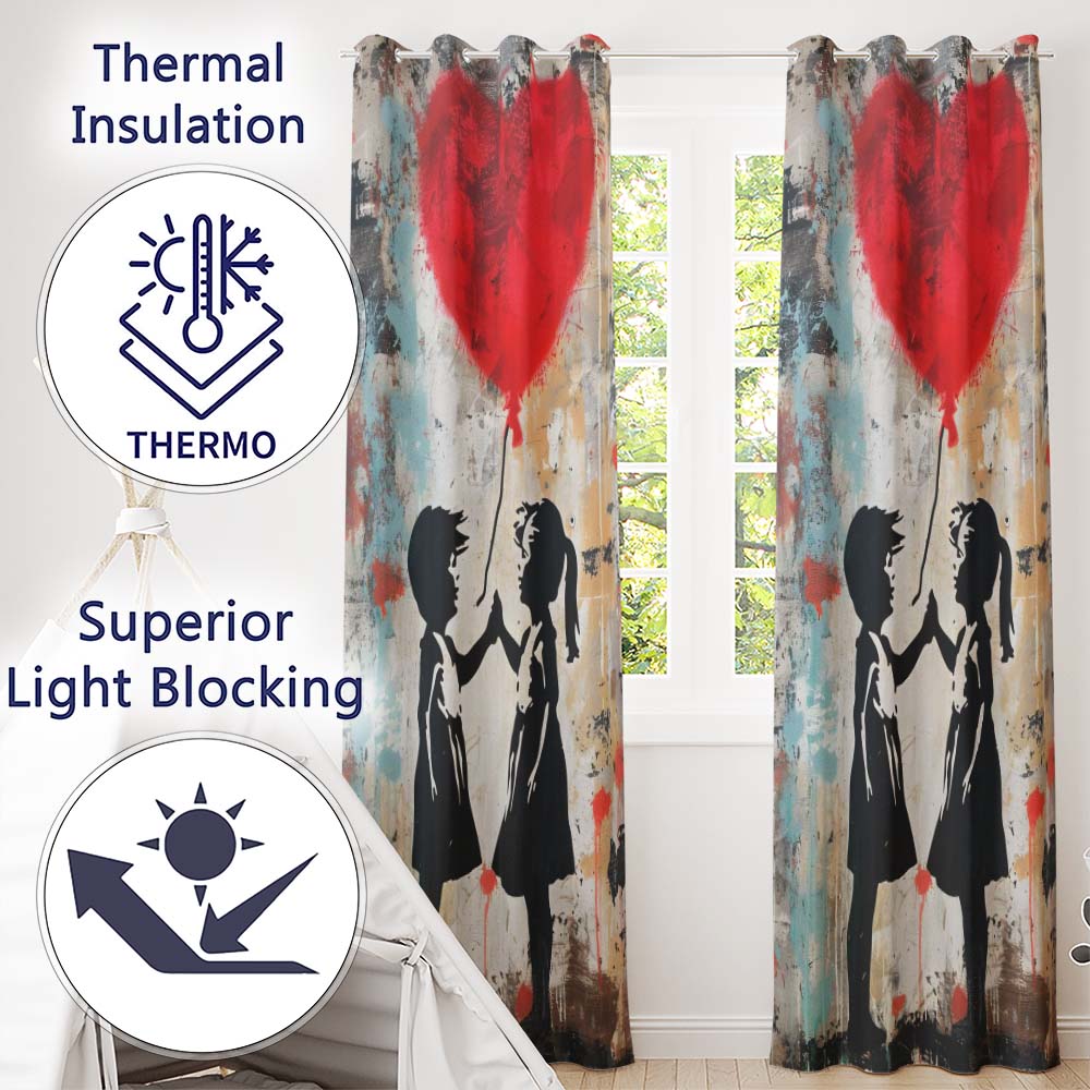 Children High Five Beneath Red Heart Balloon Artistic Bold Artwork for Home Decor Readymade Eyelet Ring Top Thermal 100% Blackout Curtains
