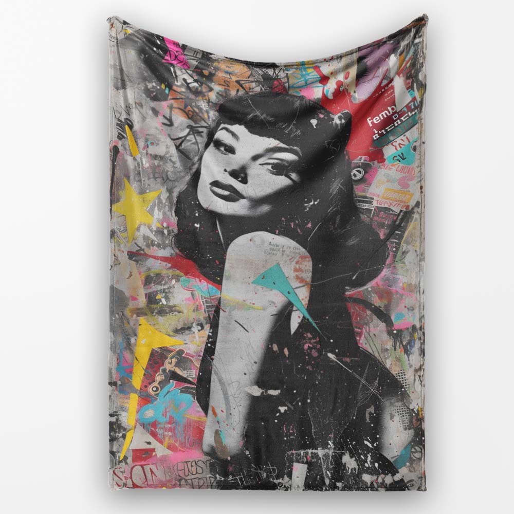 Colourful Woman Portrait Urban Collage Graffiti, Bedroom Living Room Accent, All Season Comfort - Super Soft Fleece Blanket Bed Sofa Throw