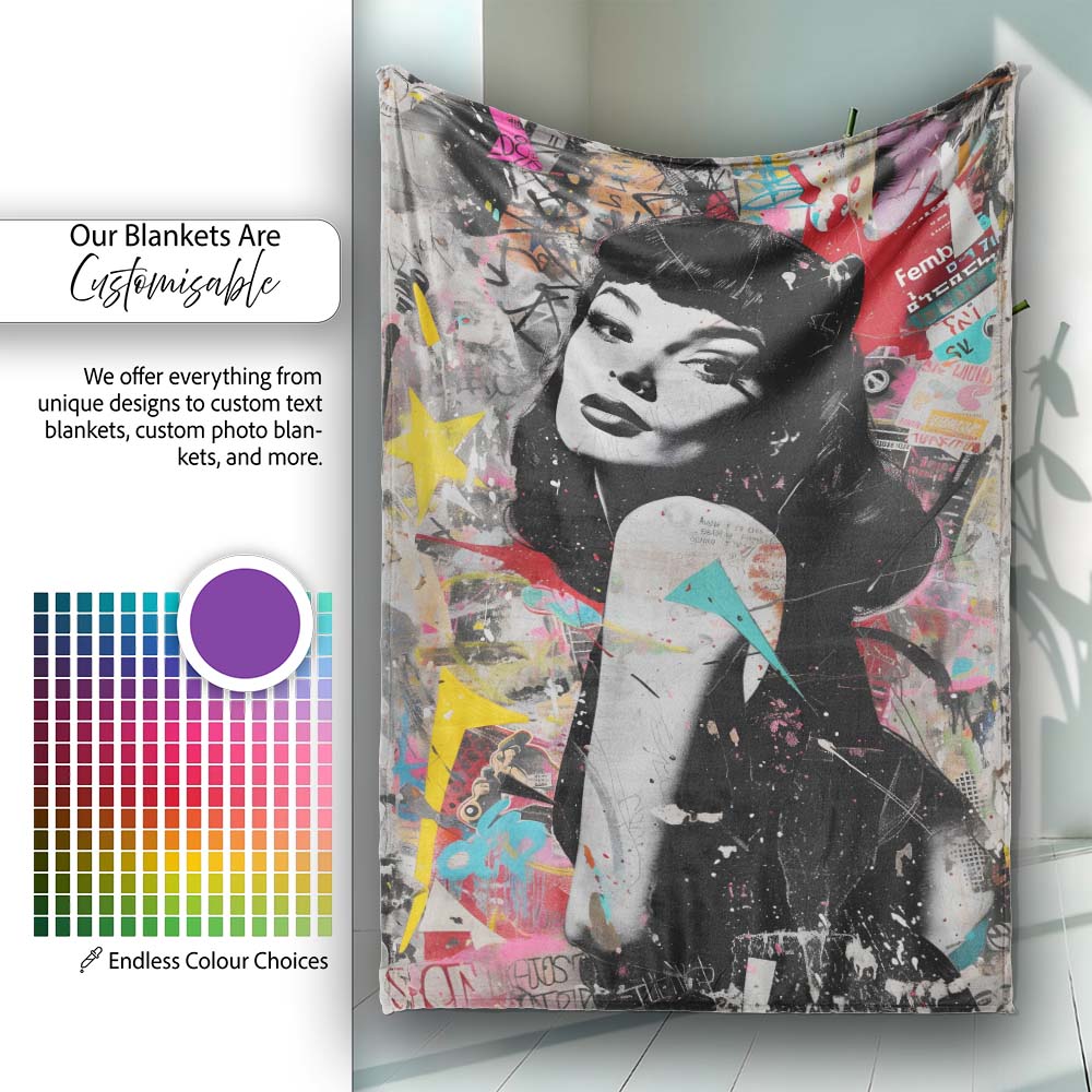 Colourful Woman Portrait Urban Collage Graffiti, Bedroom Living Room Accent, All Season Comfort - Super Soft Fleece Blanket Bed Sofa Throw