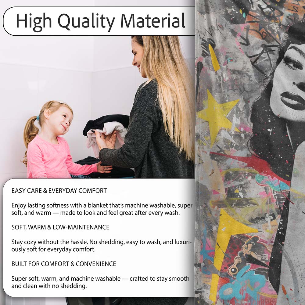 Colourful Woman Portrait Urban Collage Graffiti, Bedroom Living Room Accent, All Season Comfort - Super Soft Fleece Blanket Bed Sofa Throw