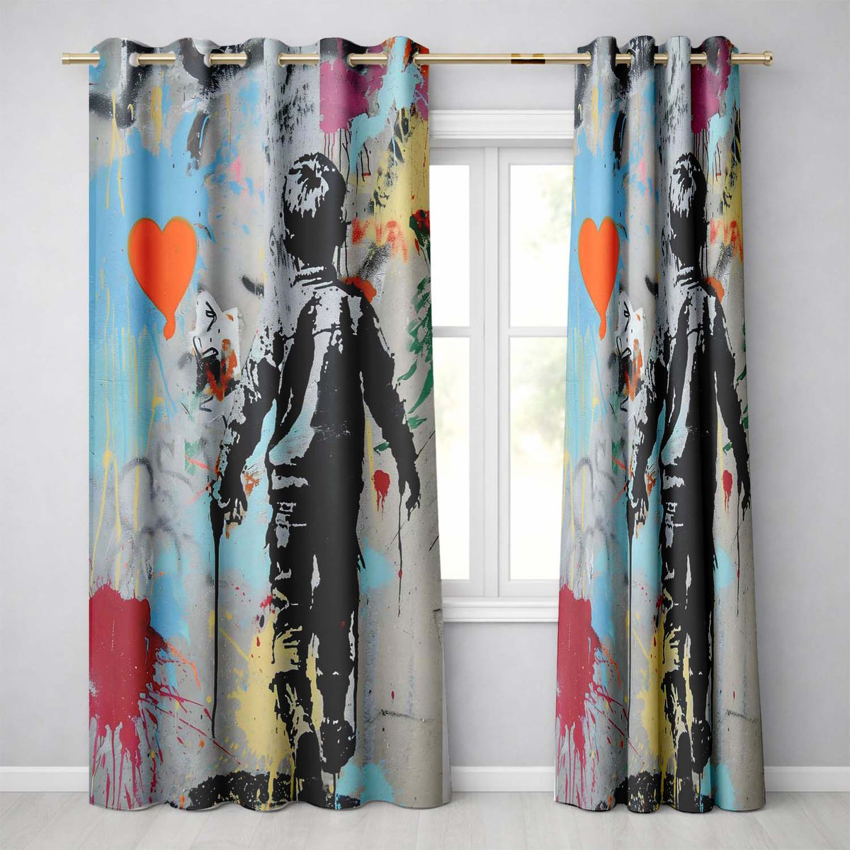 Boy Walking Beside Orange Heart Colour Splash Bold Elegant Artwork for Home Decor Readymade Eyelet Ring Top Thermal 100% Blackout Curtains