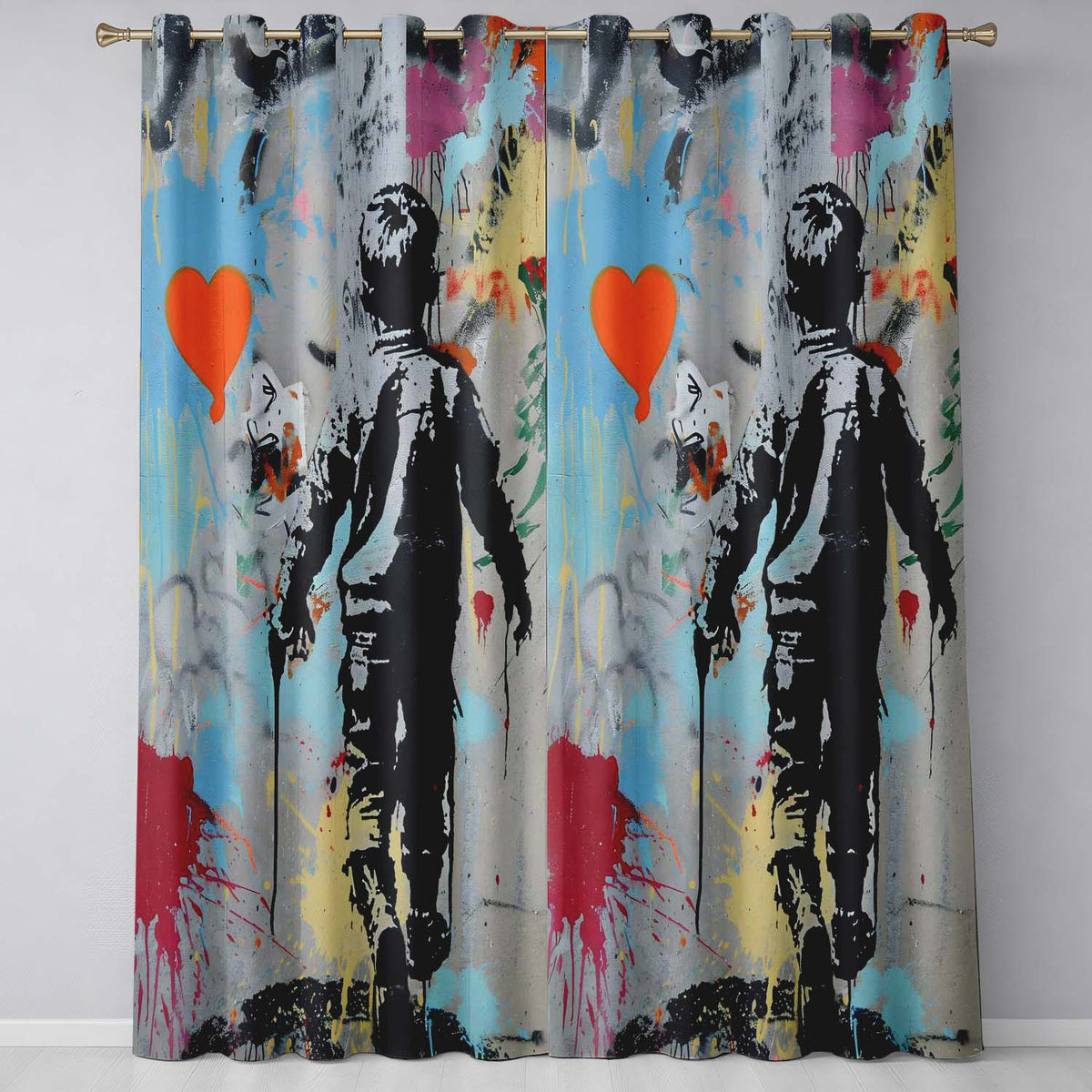 Boy Walking Beside Orange Heart Colour Splash Bold Elegant Artwork for Home Decor Readymade Eyelet Ring Top Thermal 100% Blackout Curtains