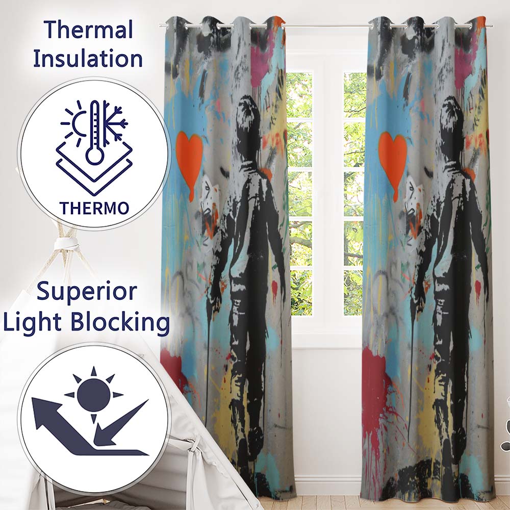 Boy Walking Beside Orange Heart Colour Splash Bold Elegant Artwork for Home Decor Readymade Eyelet Ring Top Thermal 100% Blackout Curtains