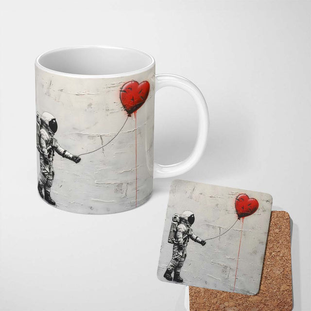 Astronaut Holding Red Heart Balloon Minimal Graffiti 11oz Ceramic Coffee Tea Mug White Large Handle